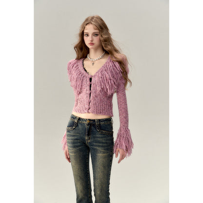 Via Pitti Heavy Tassel Knit Cardigan Purple