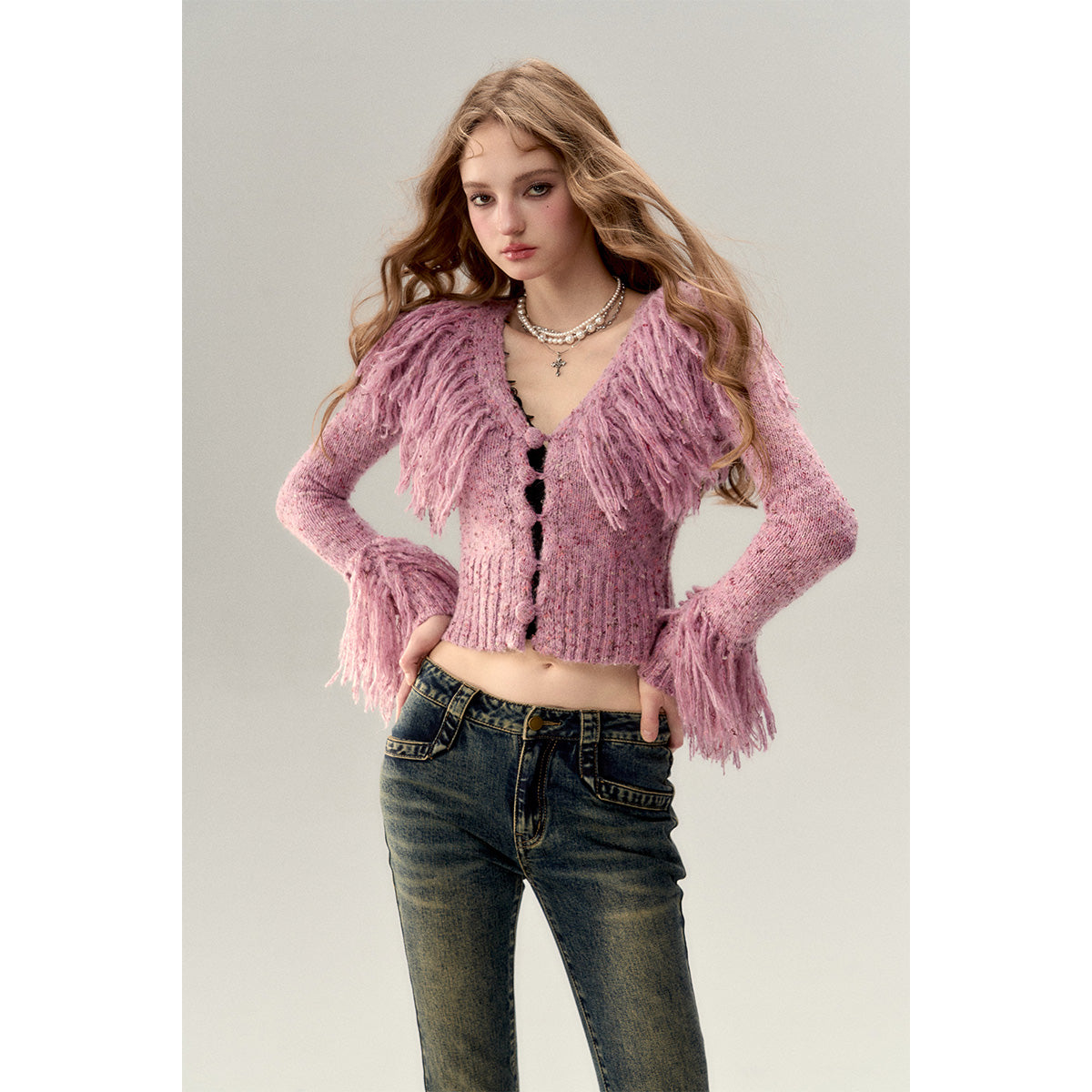 Via Pitti Heavy Tassel Knit Cardigan Purple