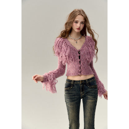 Via Pitti Heavy Tassel Knit Cardigan Purple