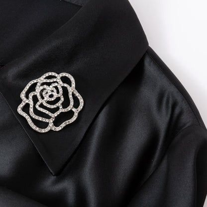 Diana Vevina Acetate Rose Brooch Satin Dress Black