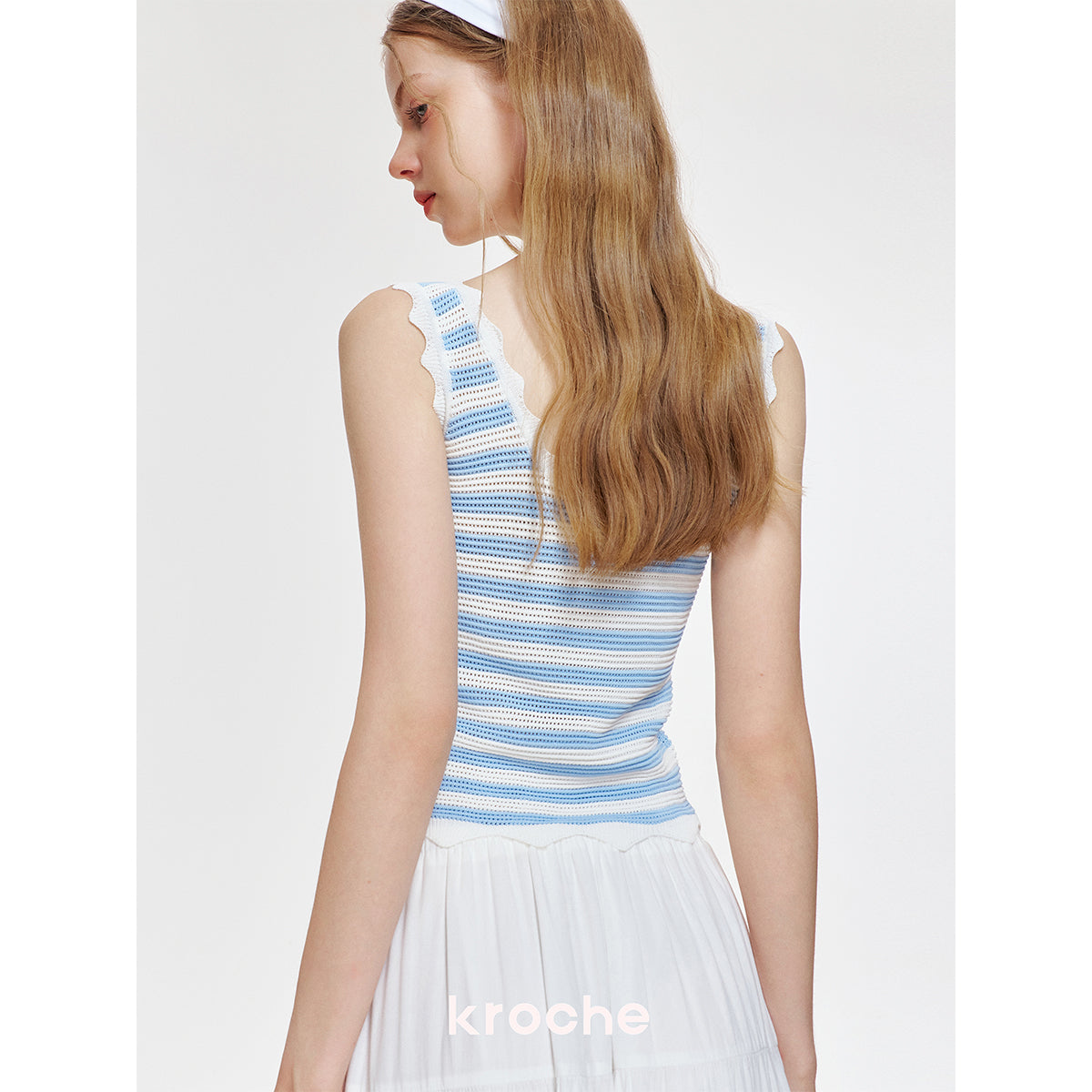 Kroche Hollow Out Striped Embroidered Knit Vest Blue