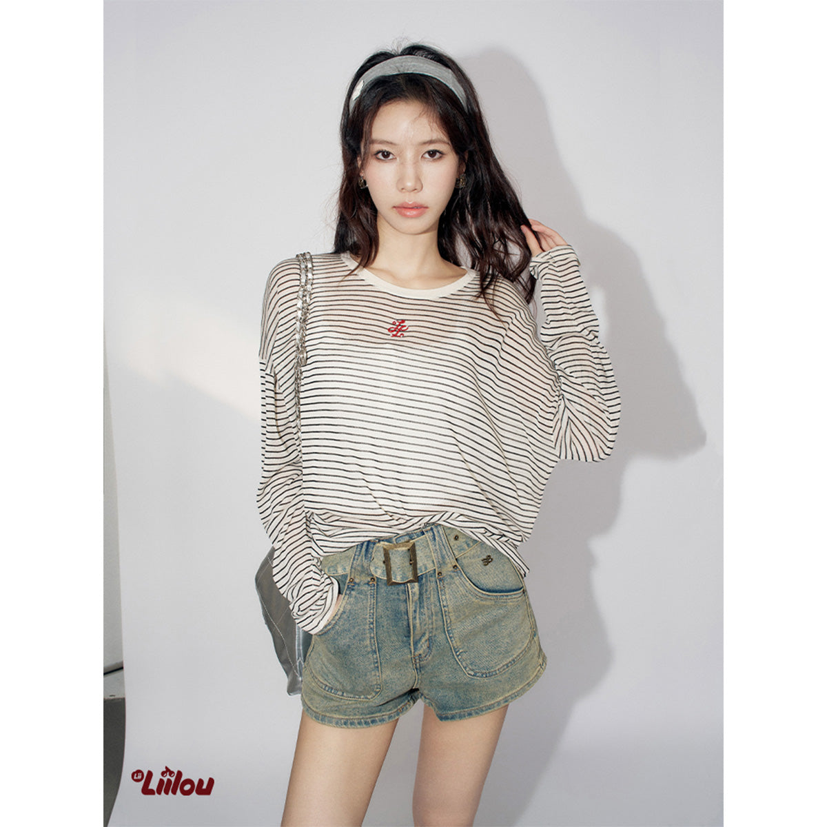 Liilou Embroidery Logo Striped Casual Long Sleeve Top