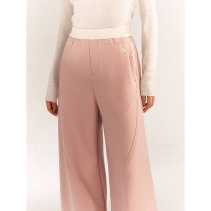 AsGony Contrast Color Elastic-Waist Casual Pants Pink