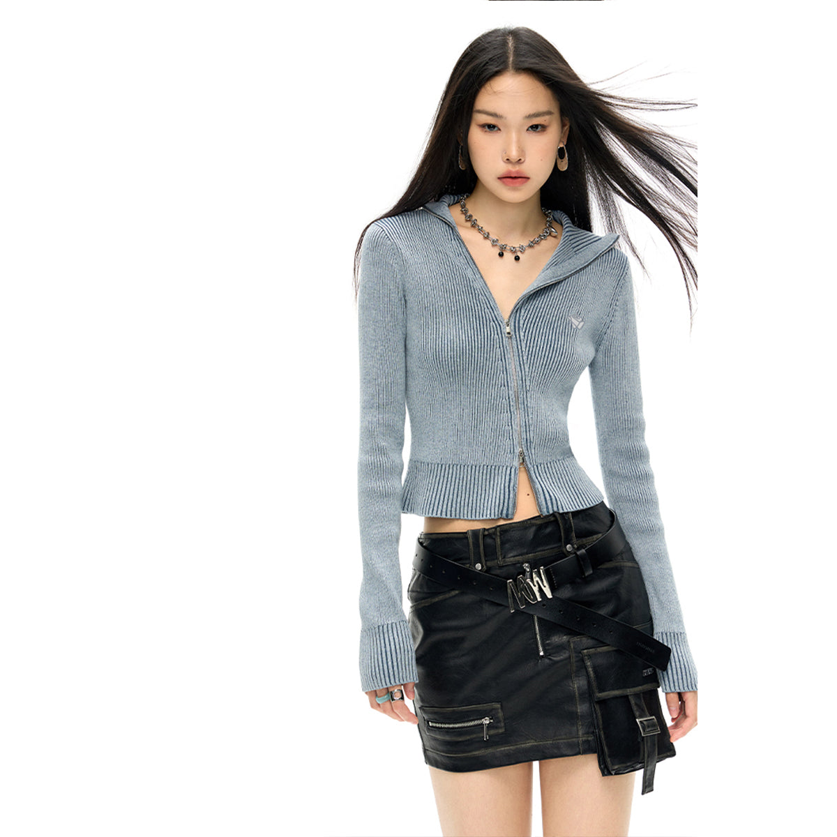 NotAwear Washed Irregular Zip Up Knit Top Blue