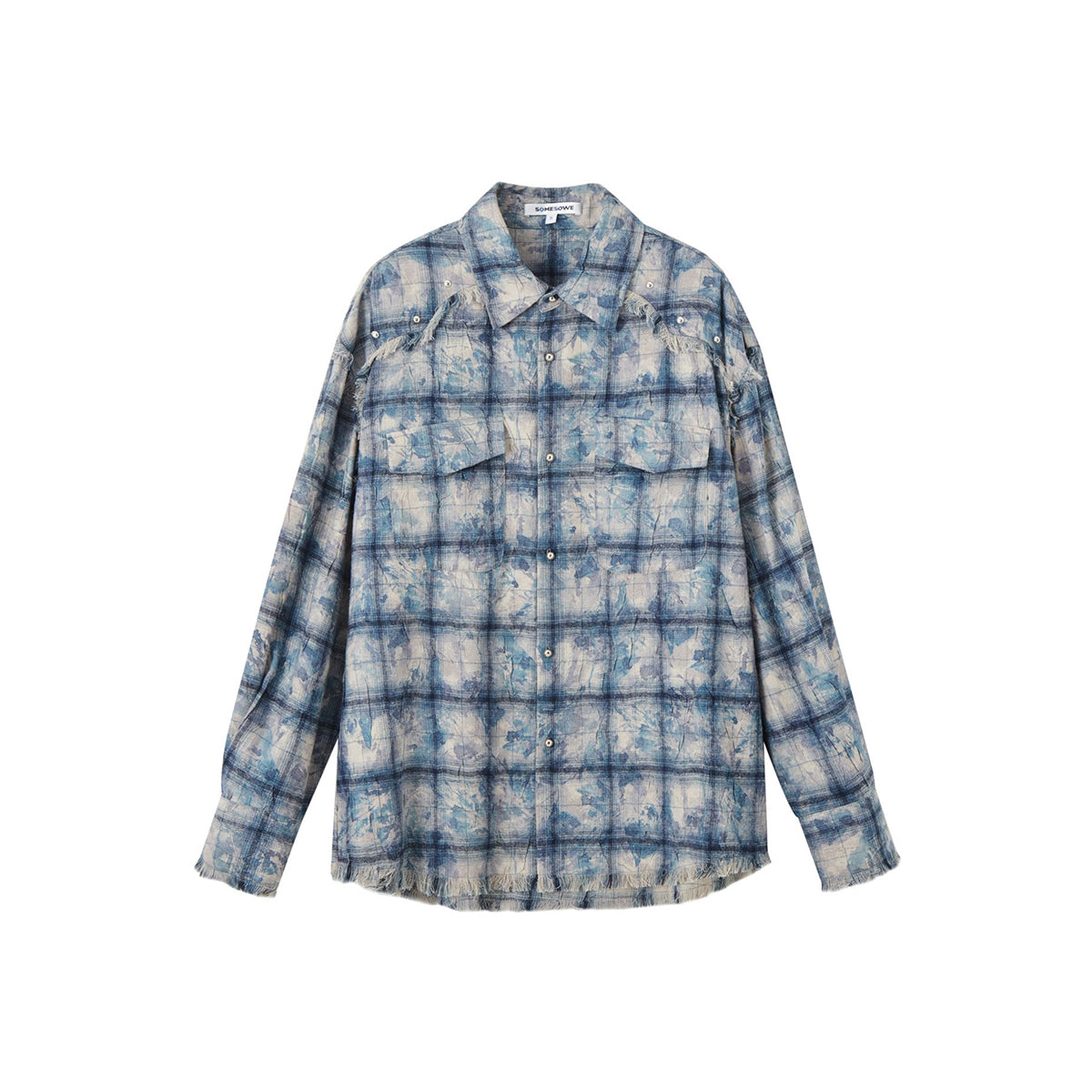 SomeSowe Tie-Dye Tassel Plaid Loose Shirt Blue