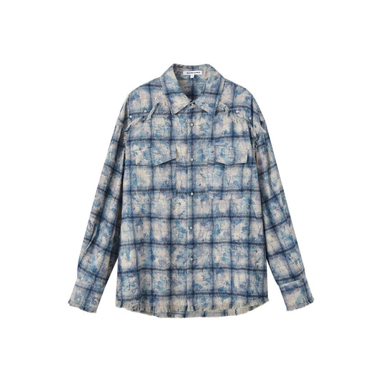 SomeSowe Tie-Dye Tassel Plaid Loose Shirt Blue