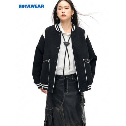 NotAwear Color Blocked Woolen Baseball Jacket Black