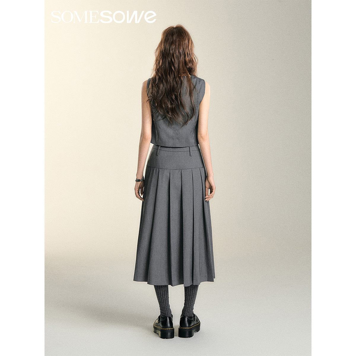 SomeSowe Asymmetrical Pleated Long Skirt Grey