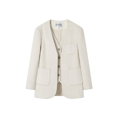 SomeSowe Collarless Fake-2-Piece Blazer White