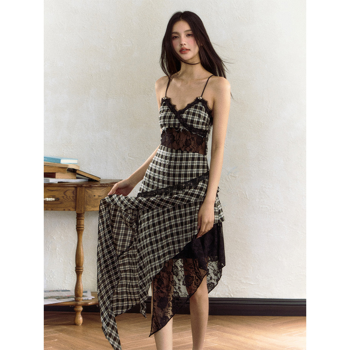 AGAM Irregular Hem Plaid Lace Patchwork Dress