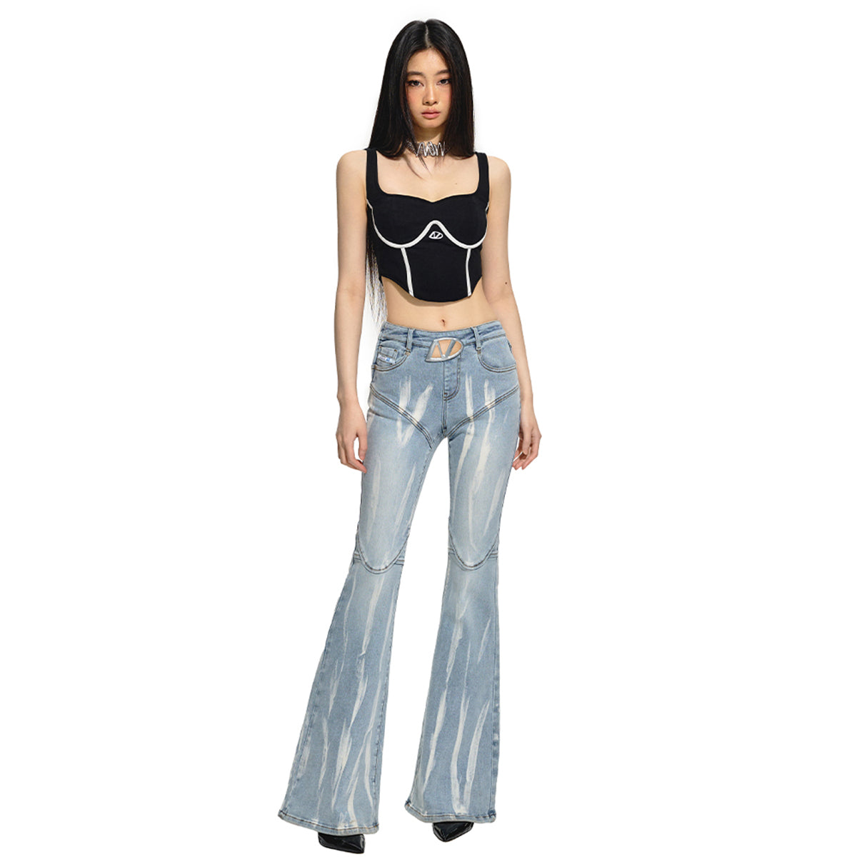 NAWS Gradient Cutting Out Metal Logo Flare Jeans