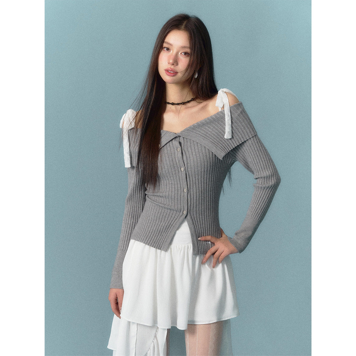 AsGony Lace Strap Off Shoulder Knit Top Grey