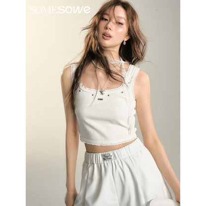 SomeSowe Lace Edge Rivet Knit Vest White