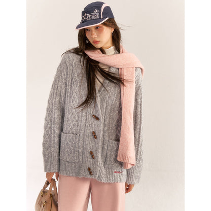 AsGony Blended Woolen Twist Lapel Knit Cardigan Gray