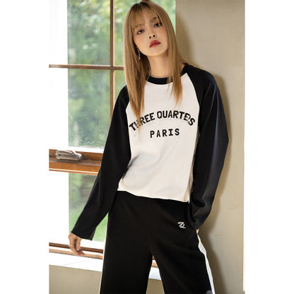 Three Quarters Color Blocked Rhinestone Logo L/S Tee Black