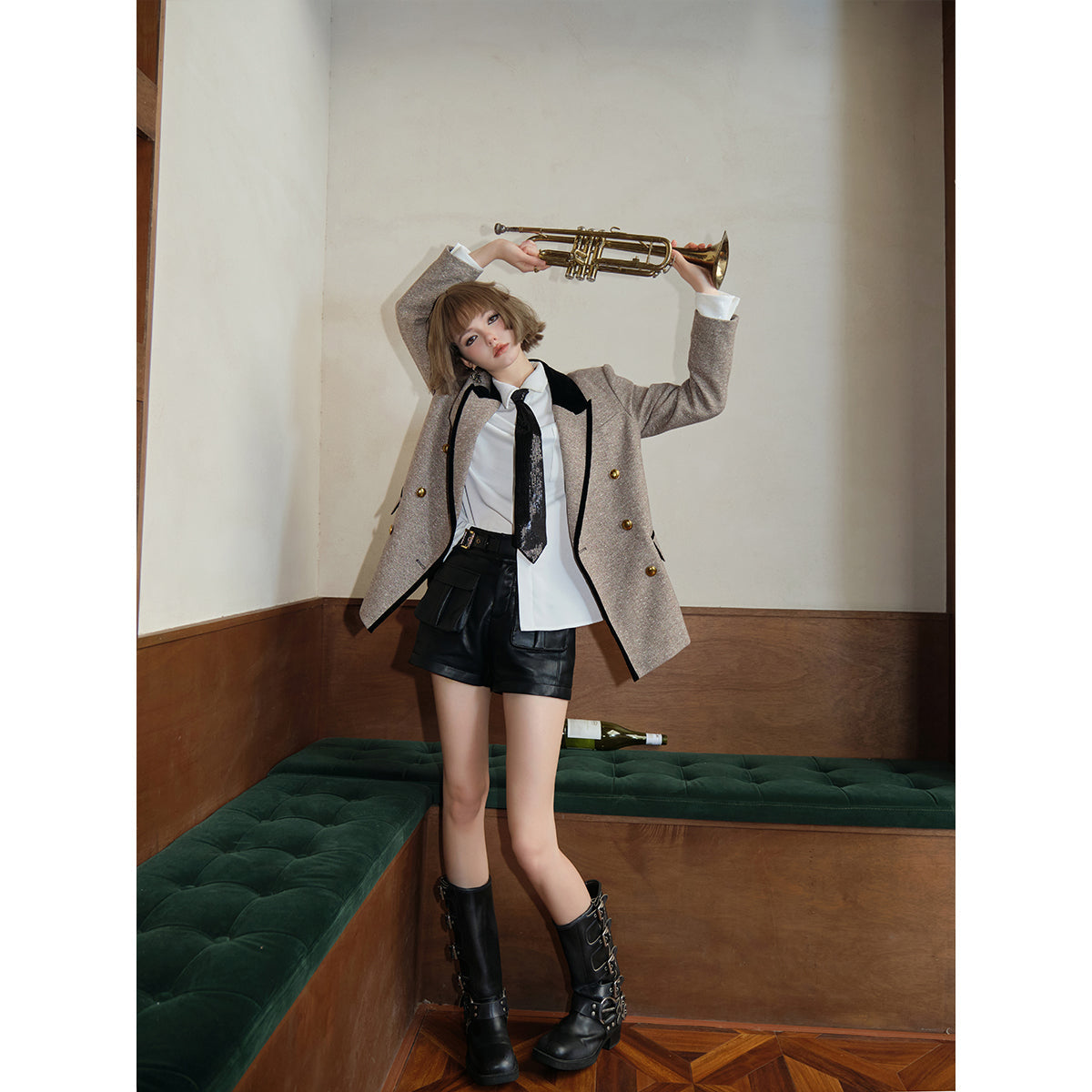 Eimismosol Color Blocked Golden Button Blazer Coat Khaki