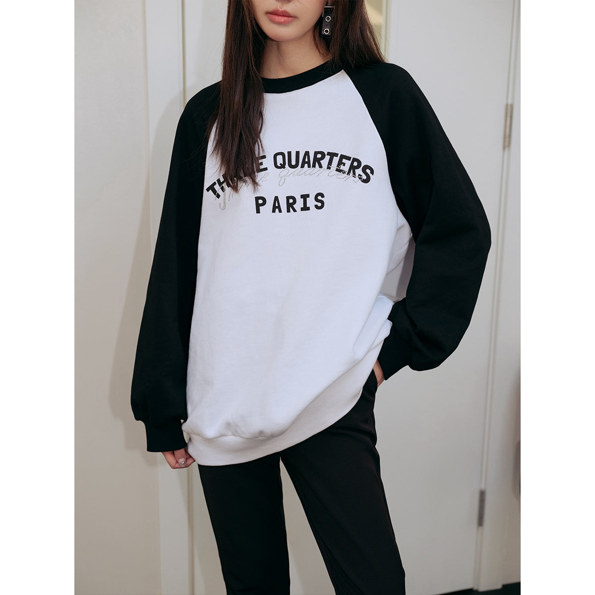 Three Quarters Rhinestone Printed Crew Neck Sweater Black