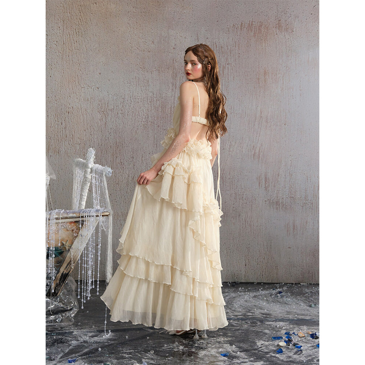 Arte Pura Lace Halterneck Long Dress Beige