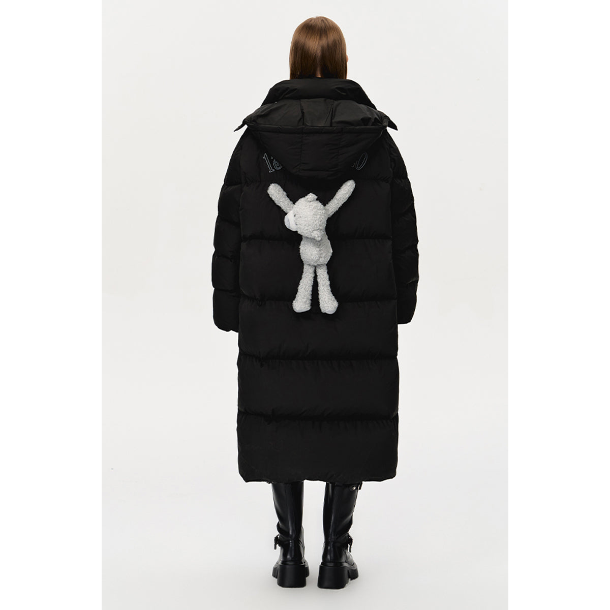 13De Marzo Back Plush Bear Long Down Jacket Black