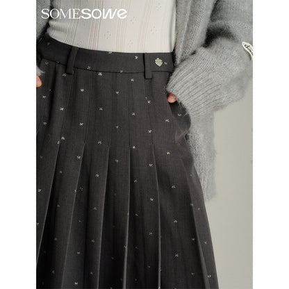 SomeSowe Bow Sequin Pleated Long Skirt Gray