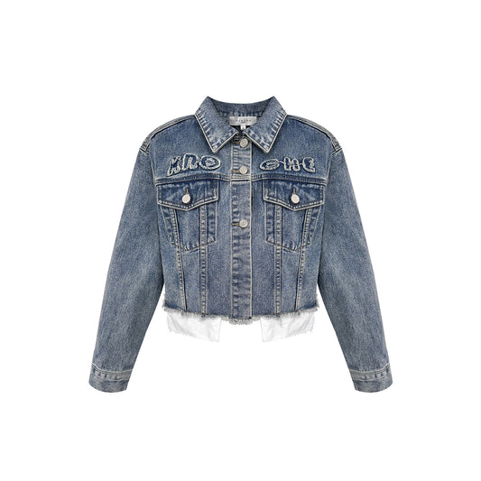 Kroche Destroy Logo Embroidery Short Denim Jacket Blue