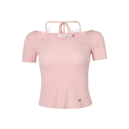 Kroche Fake-2-Piece Halter Bow Short Sleeve Tee Pink