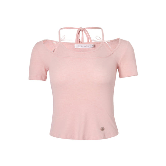 Kroche Fake-2-Piece Halter Bow Short Sleeve Tee Pink