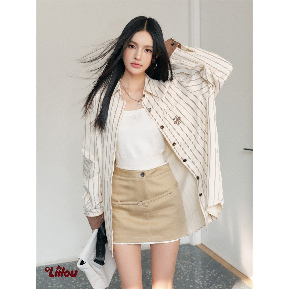 Liilou Suede Patchwork Striped Casual Shirt