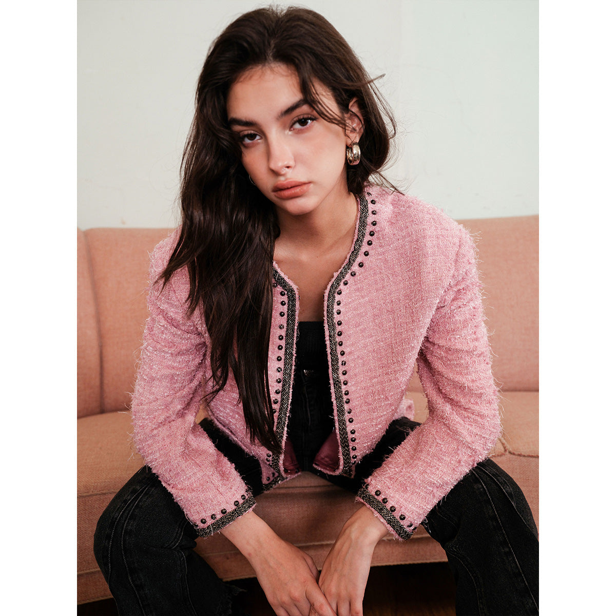 Rocha Roma Color Blocked Tweed Jacket Pink