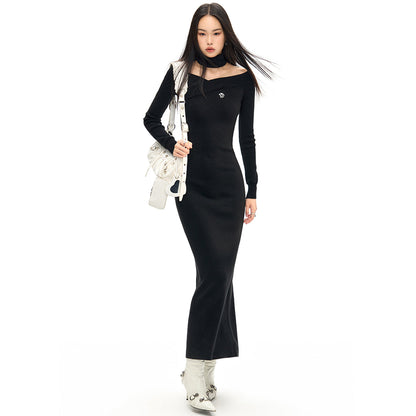 NotAwear Logo Embroidery Woolen Knit Off-Shoulder Dress