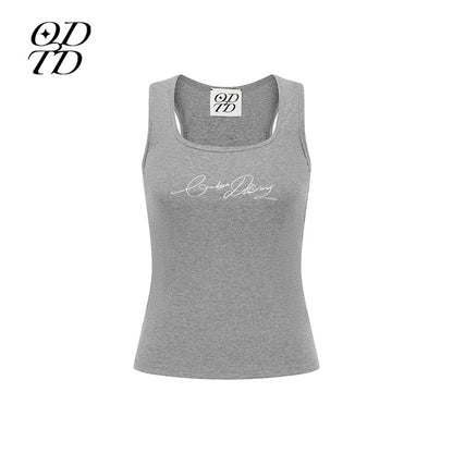 ODTD Embroidery Handwritten Slogan Vest Top Grey