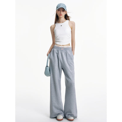 Liilou Lace Waistband Wide-Leg Casual Sweat Pants Grey