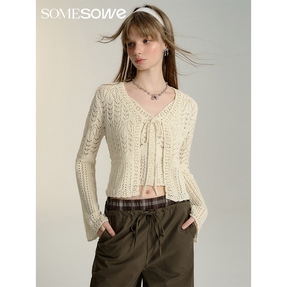 SomeSowe Hollow Out Crochet Knit Cardigan And Slip Vest Set