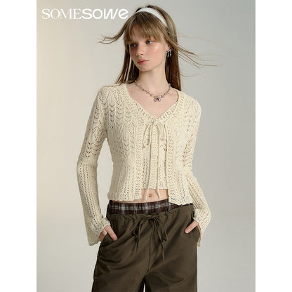 SomeSowe Hollow Out Crochet Knit Cardigan And Slip Vest Set