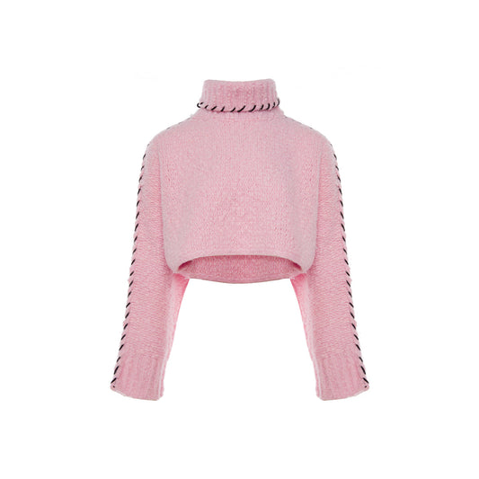 Rocha Roma Tweed Woolen Turtleneck Sweater Pink