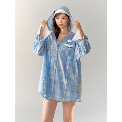 AsGony Plaid Patchwork Hooded Casual Shirt Blue