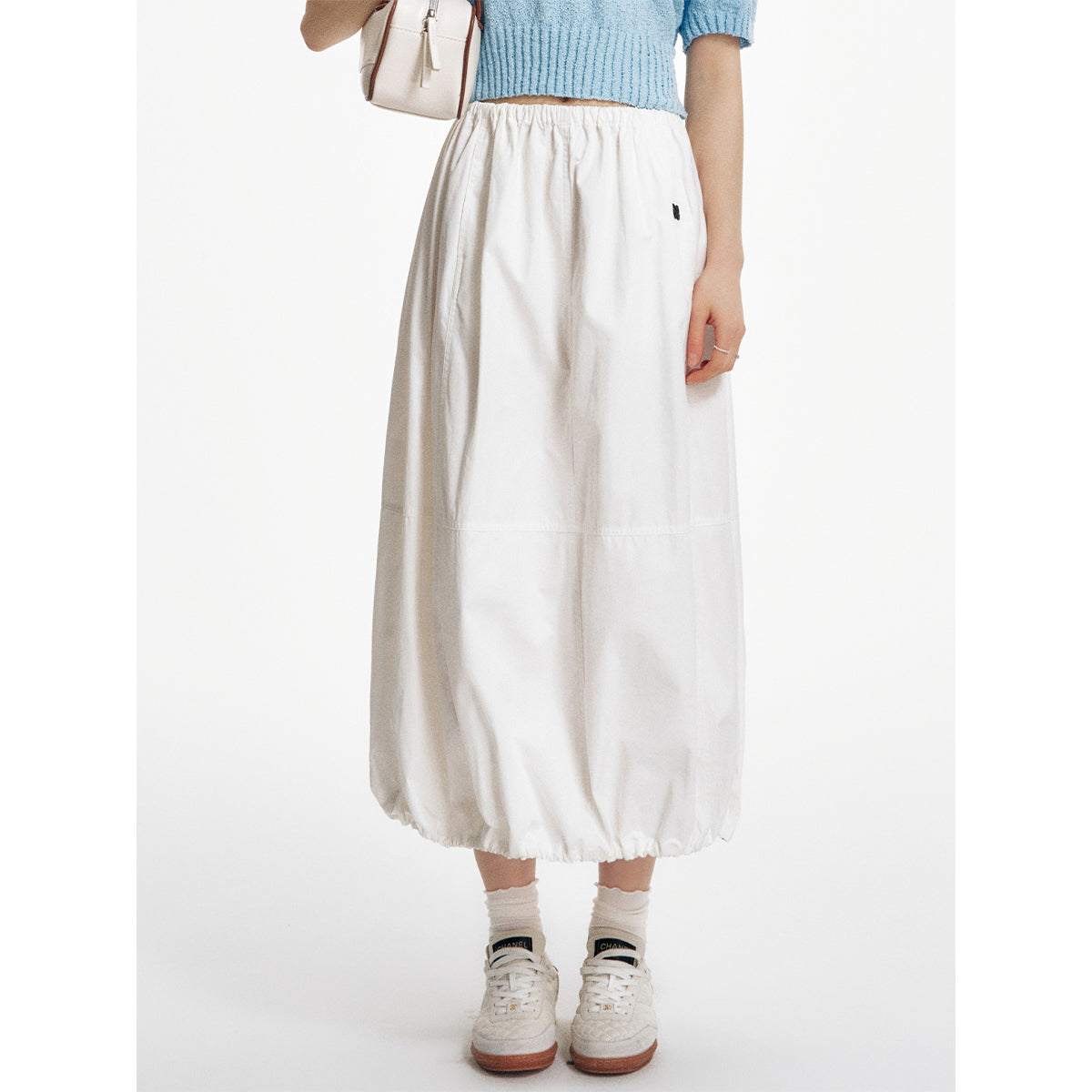 Liilou Elastic Waist Bud Drawstring Long Skirt White