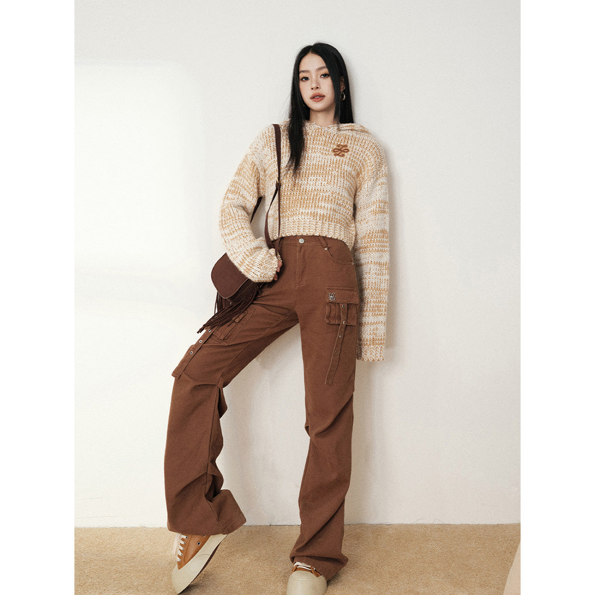 Liilou Multi-Pocket Wrinkle Flared Cargo Pants Brown