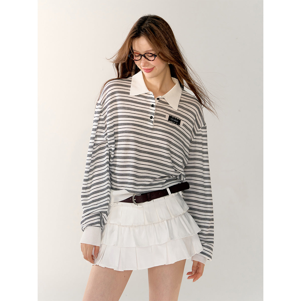 AsGony Contrast Color Striped L/S Polo T-Shirt