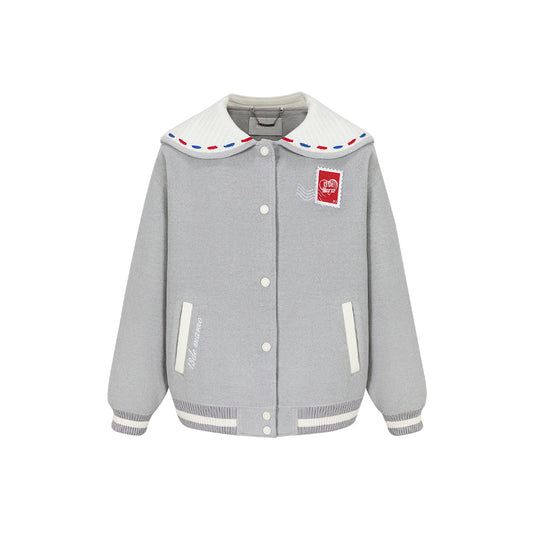 13De Marzo Sailor Collar Love Letter Baseball Jacket Grey