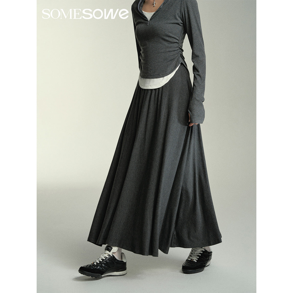 SomeSowe Wide A-Line Pleated Long Skirt Gray