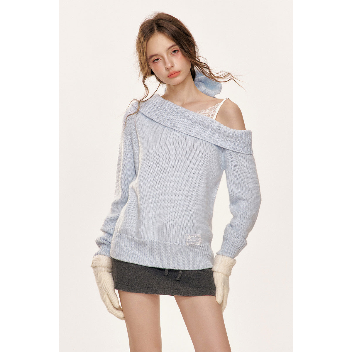 Kroche Lace Patchwork Diagonal Shoulder Woolen Sweater