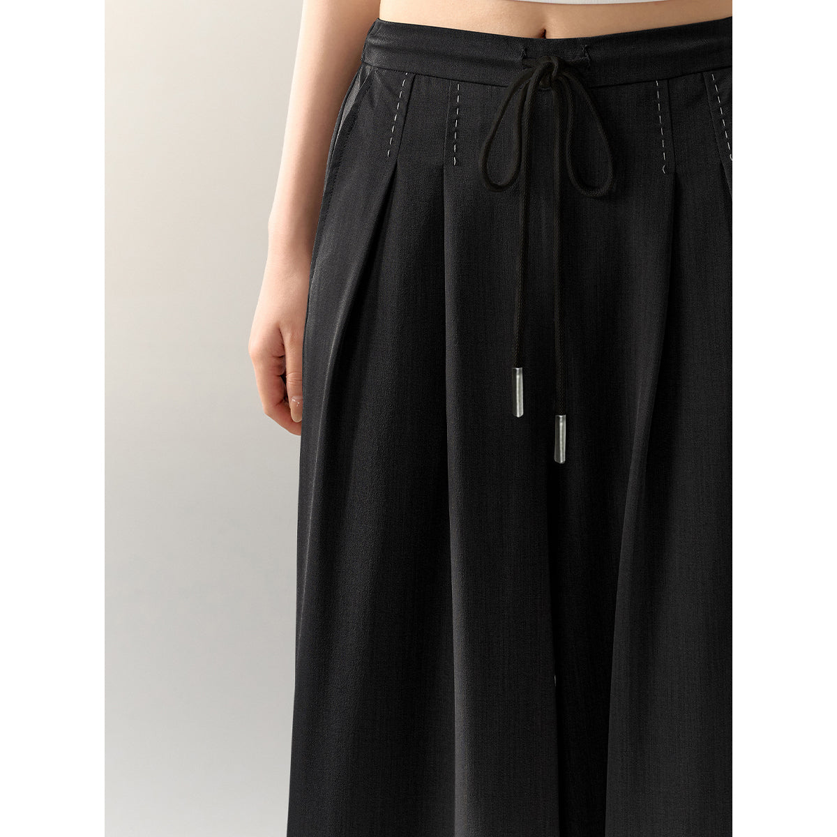 AsGony Stitching Drawstring Wide-Leg Suit Pants Black