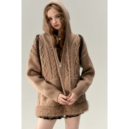 Via Pitti Fuzzy Edge Hooded Twist Knit Zipped Cardigan Brown