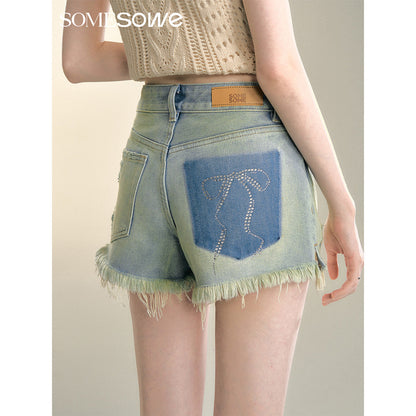 SomeSowe Hot Drilled Bow Raw Edge Denim Shorts