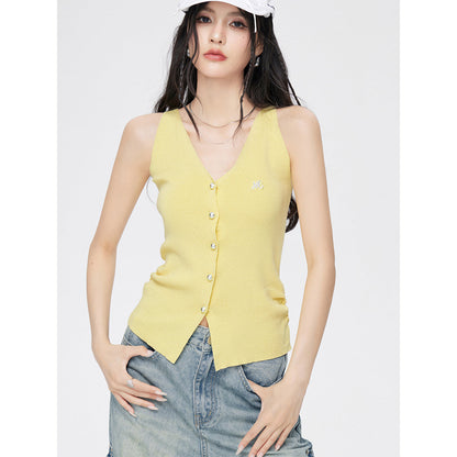 MacyMccoy Pearl Button Pleated V-Neck Knit Vest Yellow