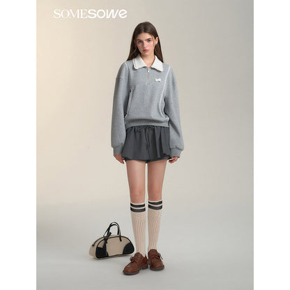 SomeSowe Contrast Color Lace Edge Polo Sweatshirt Gray