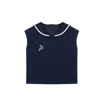 SomeSowe Color Blocked Sailor Collar Top & Shorts Set Navy