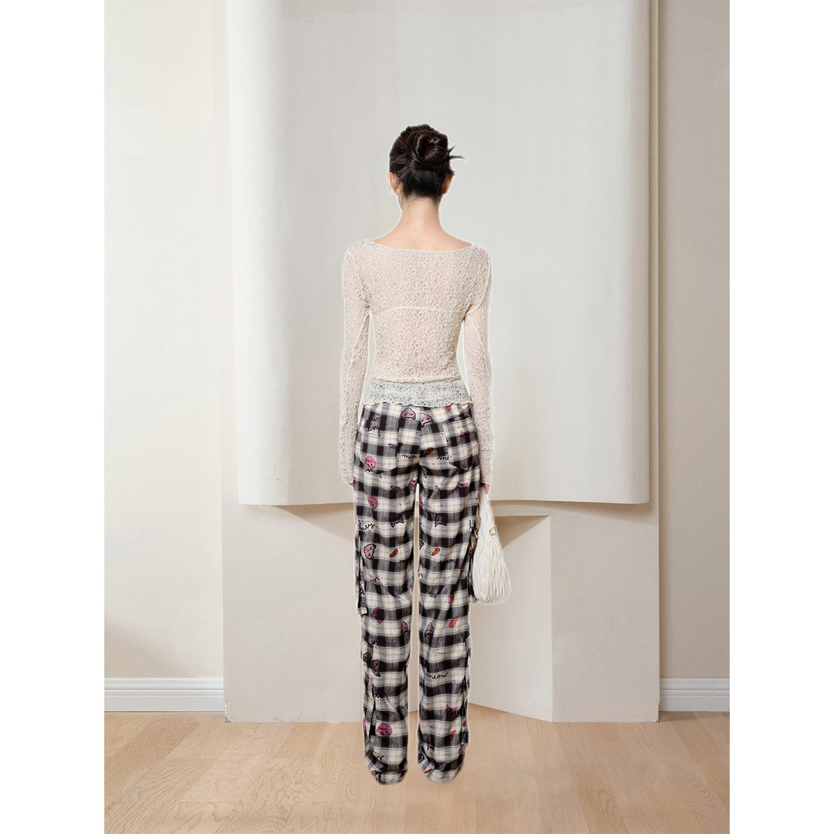 MeliMosa Kitty Printed Plaid Pocket Pants