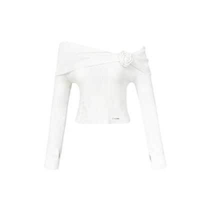 Kroche 3D Rose Off-Shoulder Knitted Top White